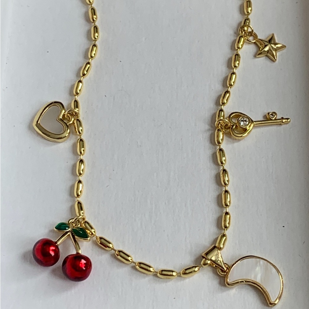 Gold Tone Multi-Charm Necklace Cherry Moon Star Heart Key Enamel
